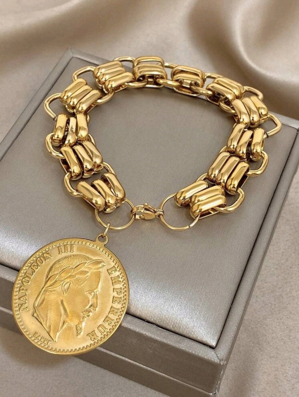 18k Gold Plated Napoleon Coin Chunky Bracelet
